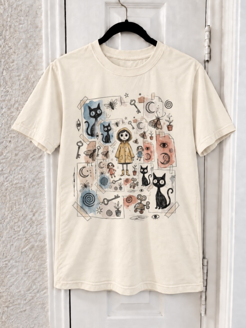 Horror Black Cat And Whimsical Illustration Cream Graphic T-Shirt